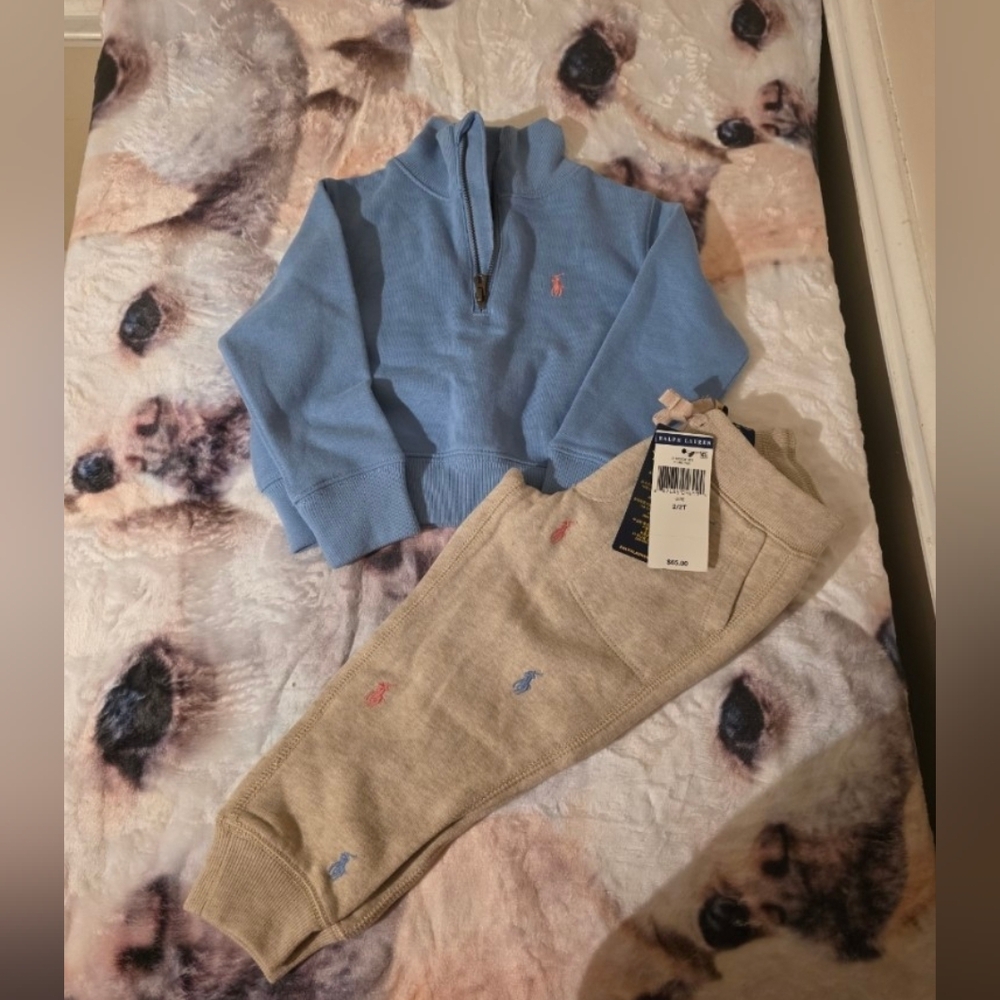 Blue Polo Kids Quarter-Zip Sweater and Beige Joggers Set